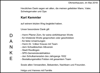 Anzeige von Karl Kemmler von Reutlinger General-Anzeiger
