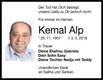 Anzeige von Kemal Alp von Reutlinger General-Anzeiger