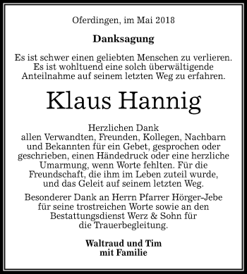 Anzeige von Klaus Hannig von Reutlinger General-Anzeiger