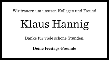 Anzeige von Klaus Hannig von Reutlinger General-Anzeiger