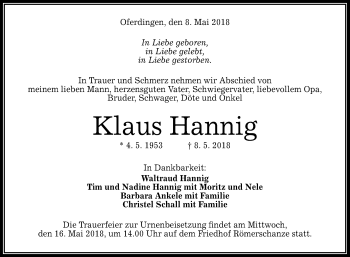 Anzeige von Klaus Hannig von Reutlinger General-Anzeiger