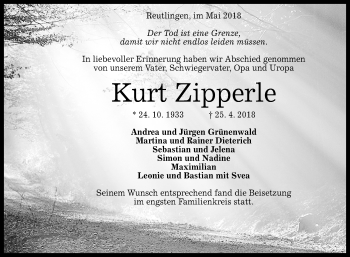 Anzeige von Kurt Zipperle von Reutlinger General-Anzeiger
