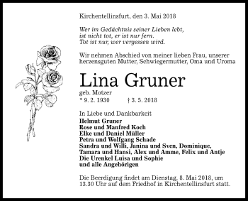 Anzeige von Lina Gruner von Reutlinger General-Anzeiger