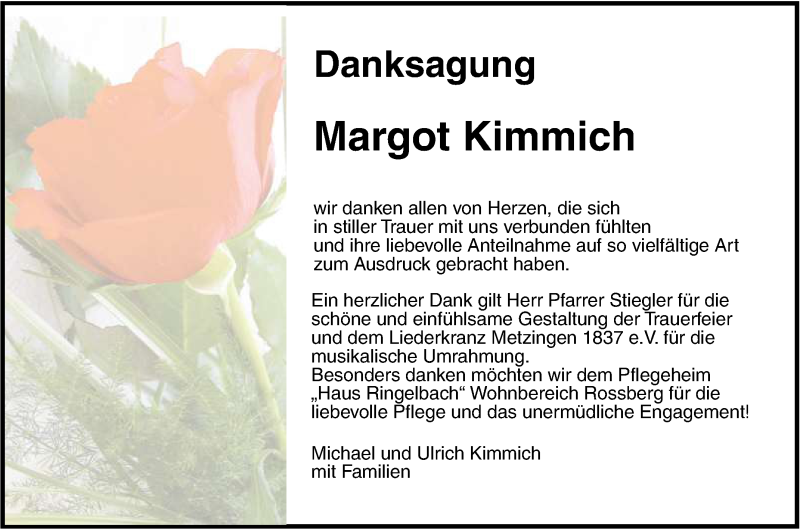  Traueranzeige für Margot Kimmich vom 05.05.2018 aus Reutlinger General-Anzeiger