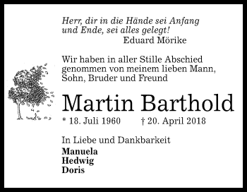 Anzeige von Martin Barthold von Reutlinger General-Anzeiger