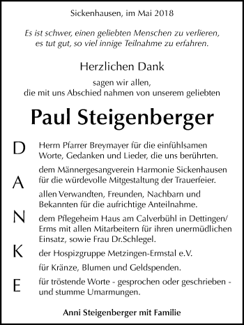 Anzeige von Paul Steigenberger von Reutlinger General-Anzeiger