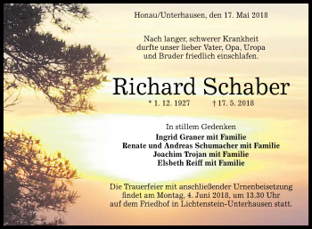 Anzeige von Richard Schaber von Reutlinger General-Anzeiger