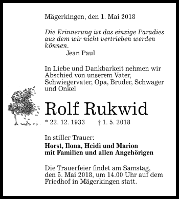 Anzeige von Rolf Rukwid von Reutlinger General-Anzeiger