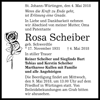 Anzeige von Rosa Scheiber von Reutlinger General-Anzeiger