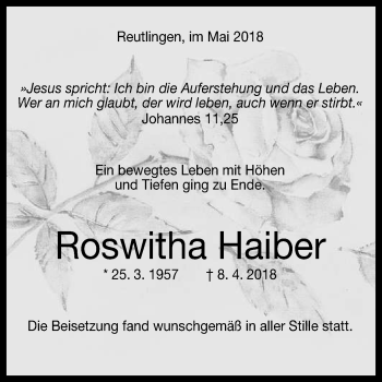 Anzeige von Roswitha Haiber von Reutlinger General-Anzeiger