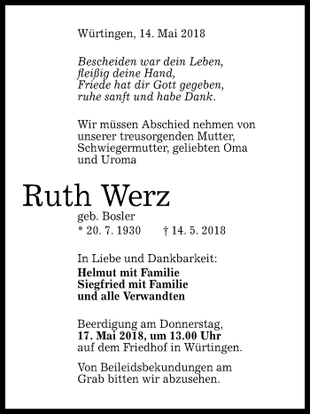 Anzeige von Ruth Werz von Reutlinger General-Anzeiger