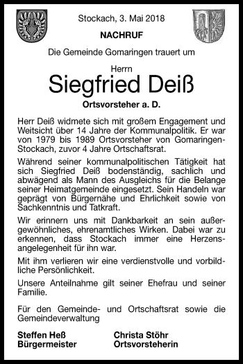 Anzeige von Siegfried Deiß von Reutlinger General-Anzeiger