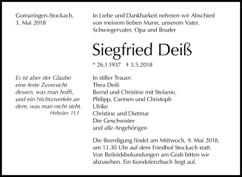 Anzeige von Siegfried Deiß von Reutlinger General-Anzeiger