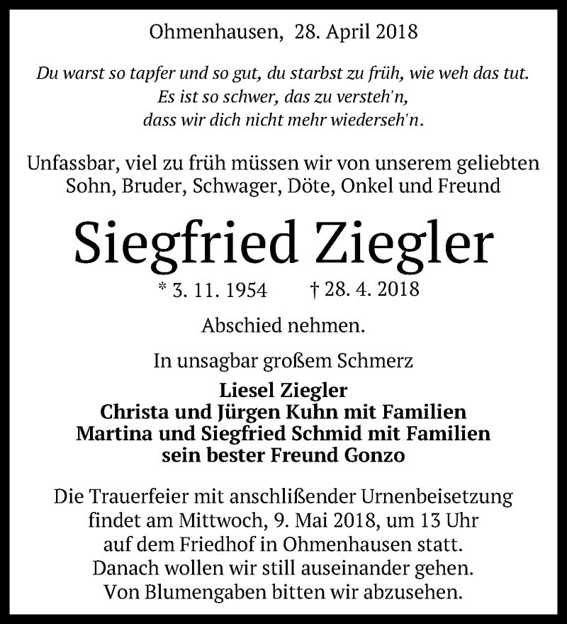  Traueranzeige für Siegfried Ziegler vom 05.05.2018 aus Reutlinger General-Anzeiger