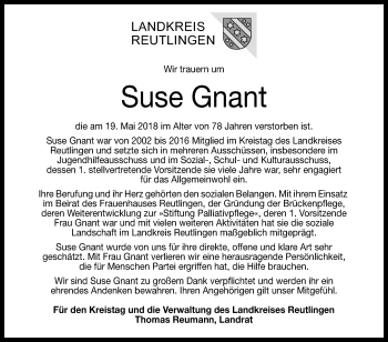 Anzeige von Suse Gnant von Reutlinger General-Anzeiger