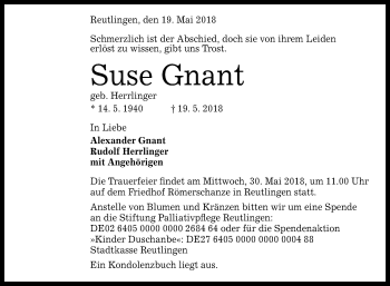 Anzeige von Suse Gnant von Reutlinger General-Anzeiger