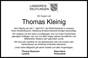 Anzeige von Thomas Kleinig von Reutlinger General-Anzeiger