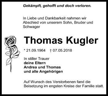 Anzeige von Thomas Kugler von Reutlinger General-Anzeiger