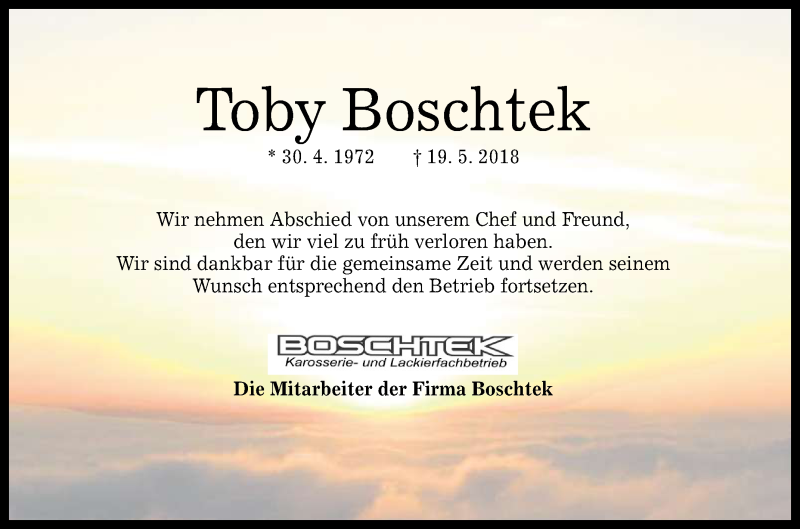  Traueranzeige für Toby Boschtek vom 26.05.2018 aus Reutlinger General-Anzeiger