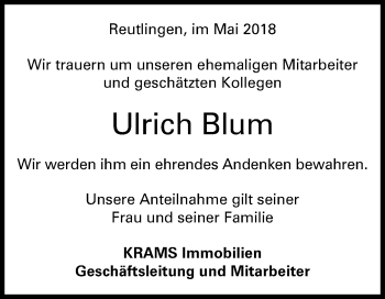 Anzeige von Ulrich Blum von Reutlinger General-Anzeiger
