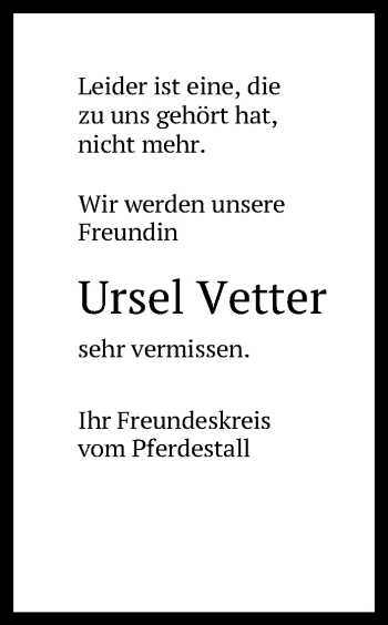 Anzeige von Ursel Vetter von Reutlinger General-Anzeiger