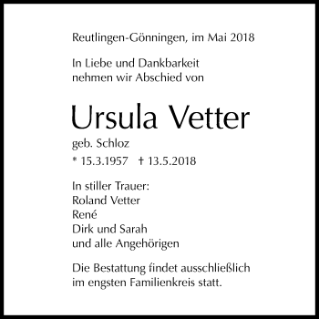 Anzeige von Ursula Vetter von Reutlinger General-Anzeiger