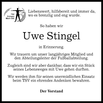 Anzeige von Uwe Stingel von Reutlinger General-Anzeiger