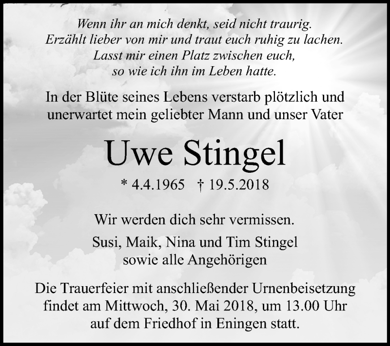  Traueranzeige für Uwe Stingel vom 26.05.2018 aus Reutlinger General-Anzeiger