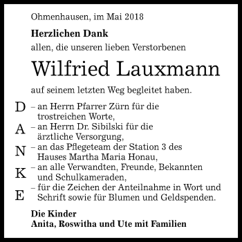 Anzeige von Wilfried Lauxmann von Reutlinger General-Anzeiger