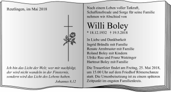 Anzeige von Willi Boley von Reutlinger General-Anzeiger