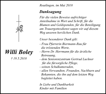 Anzeige von Willi Boley von Reutlinger General-Anzeiger