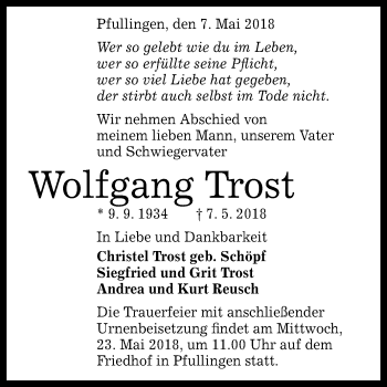 Anzeige von Wolfgang Trost von Reutlinger General-Anzeiger