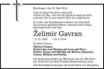 Anzeige von Zelimir Gavran von Reutlinger General-Anzeiger