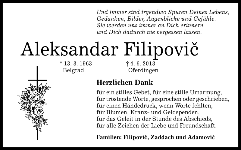  Traueranzeige für Aleksandar Filipovic vom 30.06.2018 aus Reutlinger General-Anzeiger
