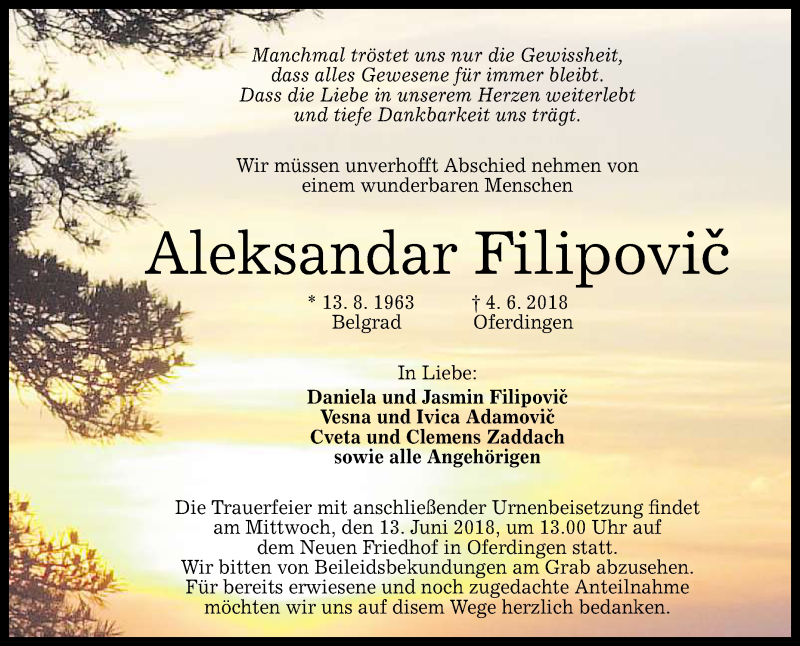  Traueranzeige für Aleksandar Filipovic vom 09.06.2018 aus Reutlinger General-Anzeiger