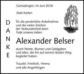 Anzeige von Alexander Belser von Reutlinger General-Anzeiger