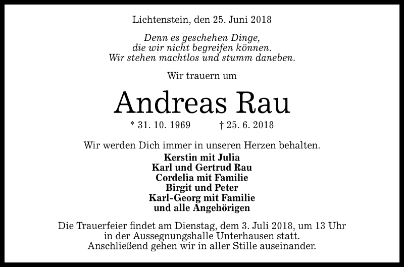  Traueranzeige für Andreas Rau vom 30.06.2018 aus Reutlinger General-Anzeiger