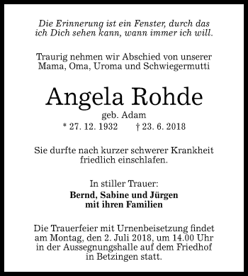 Anzeige von Angela Rohde von Reutlinger General-Anzeiger
