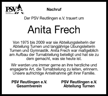 Anzeige von Anita Frech von Reutlinger General-Anzeiger