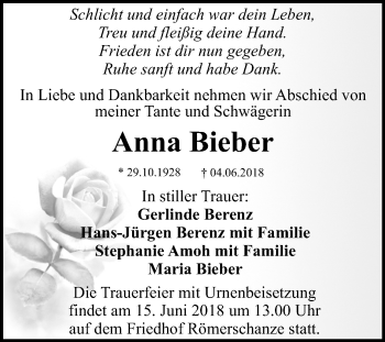 Anzeige von Anna Bieber von Reutlinger General-Anzeiger