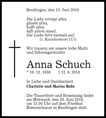Anzeige von Anna Schuch von Reutlinger General-Anzeiger