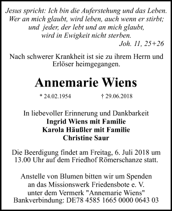 Anzeige von Annemarie Wiens von Reutlinger General-Anzeiger