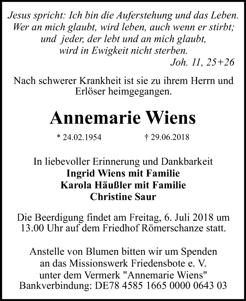  Traueranzeige für Annemarie Wiens vom 30.06.2018 aus Reutlinger General-Anzeiger