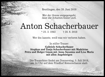 Anzeige von Anton Schacherbauer von Reutlinger General-Anzeiger