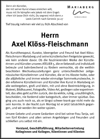Anzeige von Axel Klöss-Fleischmann von Reutlinger General-Anzeiger
