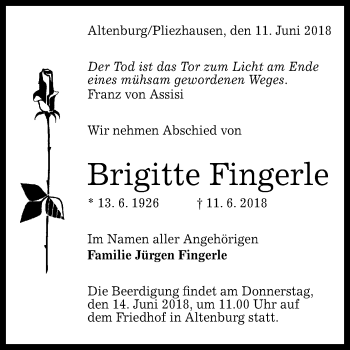 Anzeige von Brigitte Fingerle von Reutlinger General-Anzeiger