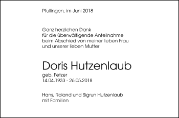 Anzeige von Doris Hutzenlaub von Reutlinger General-Anzeiger