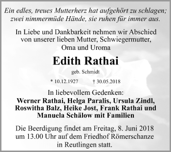 Anzeige von Edith Rathai von Reutlinger General-Anzeiger