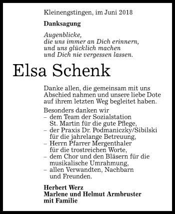 Anzeige von Elsa Schenk von Reutlinger General-Anzeiger