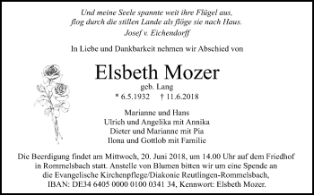Anzeige von Elsbeth Mozer von Reutlinger General-Anzeiger